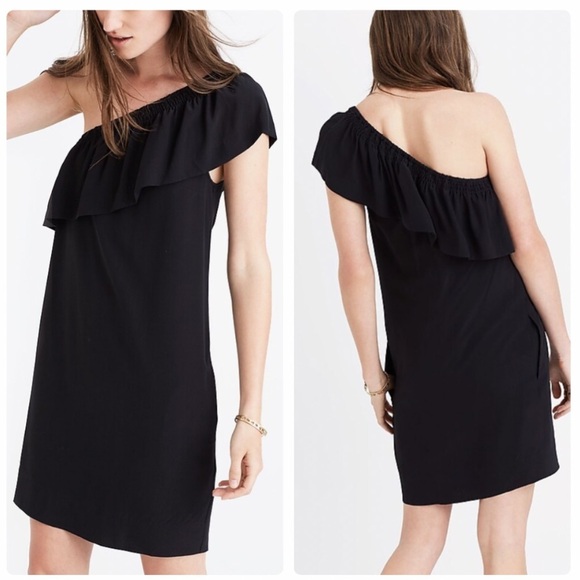 Madewell Dresses & Skirts - NWT Madewell Black Silk One Shoulder Ruffle Dress Size 6
